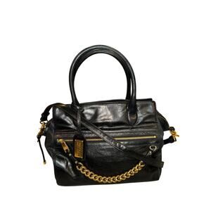 Badgley Mischka Black Leather Satchel Chain Detail Removable Crossbody